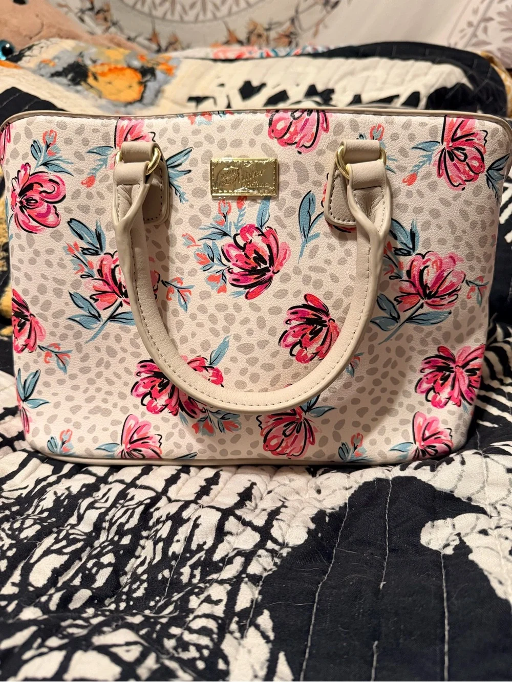 Betsey Johnson Cream Floral Satchel with Pink and Blue Blooms